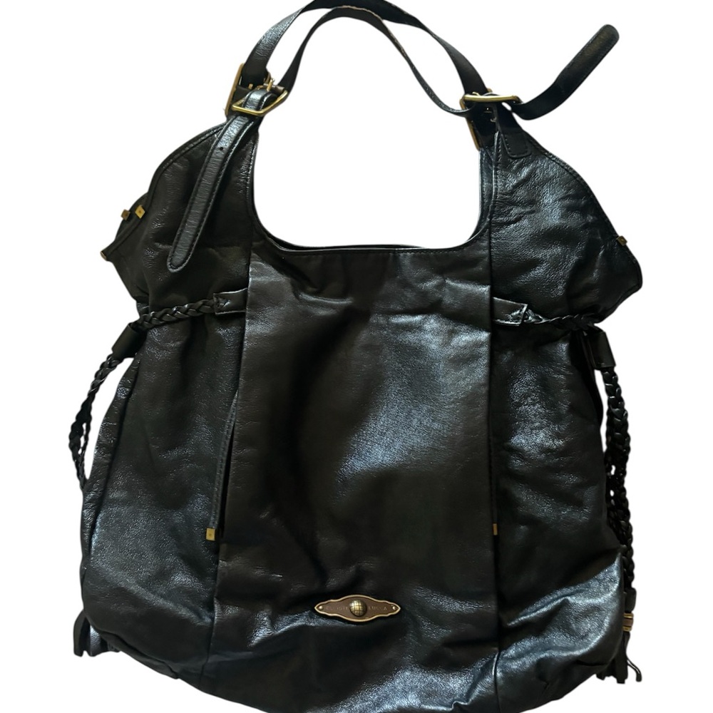 Elliott Lucca Black Leather Shoulder Bag with Glossy Finish